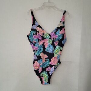 Leilani Poolside Paisley Kauai One Piece Swimsuit Black Multi‎ Color Size 10 NEW